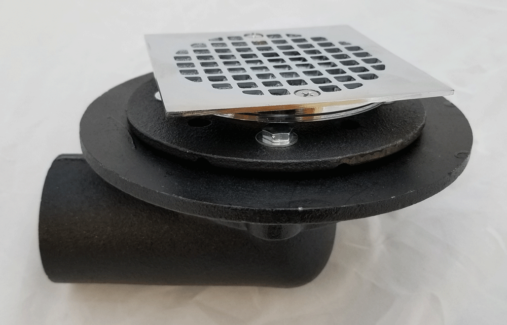 2" Cast Iron, No Hub, Angle Shower Drain, Square Top, , M77490