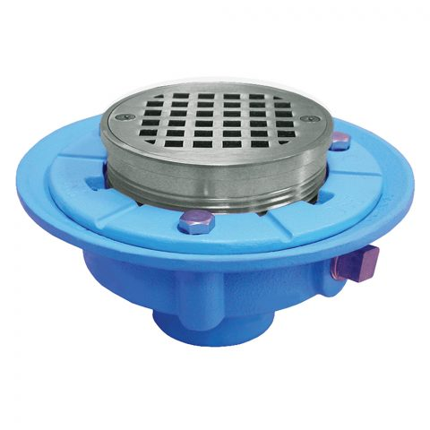 Jones Stephens, D65602, 4" No Hub Code Blue Floor Drain with 7" Pan and 5" Chrome Plated Round Strainer- Height 3-1/2"- 4-3/4", M78332